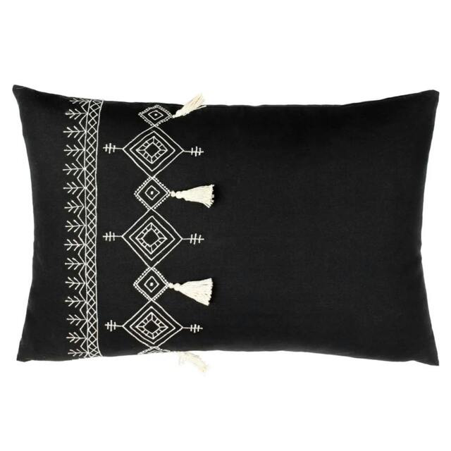 Rackhams Pritta Tassel Cushion Cover - Black - 40cm x 60cm - Black - 100% Cotton - image 1