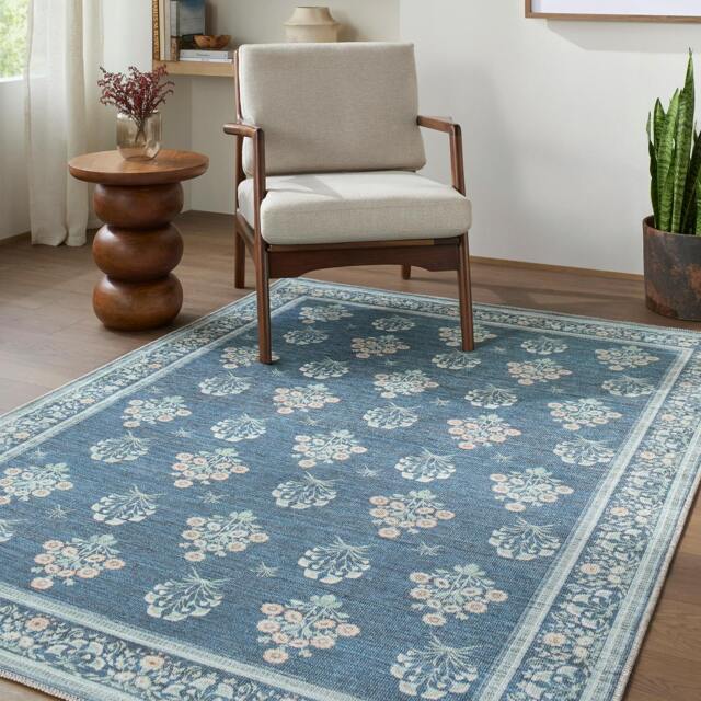 Rackhams Thistle-Washable Blue Green Beige Modern Floral Rug - 160 x 220 cm - image 1