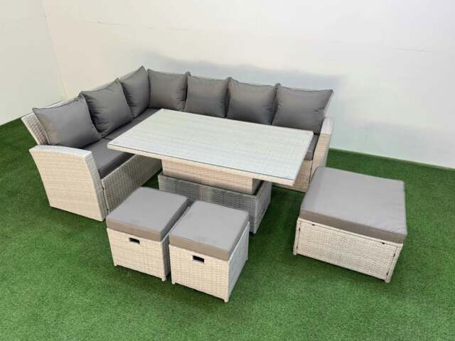 Rackhams 9 Seat Rattan Outdoor Garden Furniture Corner Sofa Set Adjustable Lifting Dining or Coffee Table Set with Armchair 3 Footstools Light Grey - image 1