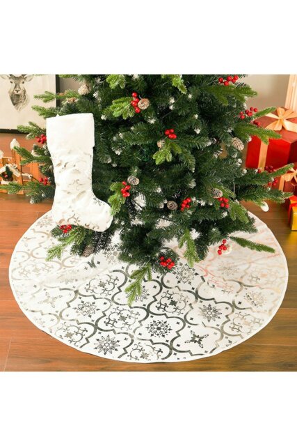Rackhams 122CM Silver Snowflake Printed Christmas Tree Skirt with Christmas Stockings Xmas Tree Base Cover - White - image 1