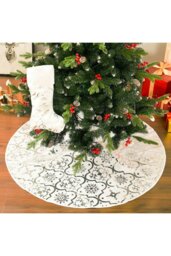 Rackhams 122CM Silver Snowflake Printed Christmas Tree Skirt with Christmas Stockings Xmas Tree Base Cover - White