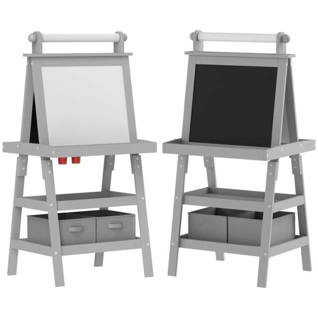 Rackhams 3 in 1 Kids Easel Double-Sided Magnetic Whiteboard and Chalkboard with Paper Roll, Storage Baskets - Grey