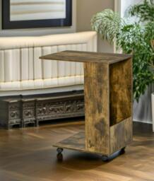 Rackhams C Shaped Side Table with Wheels, Industrial Sofa End Table with Open Storage for Living Room and Bedroom - Grey - thumbnail 3
