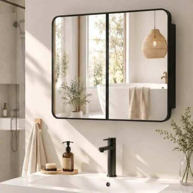 Rackhams 76.2 x 11.6 x 61 cm Bathroom Mirror Cabinet, Wall Cabinet with Adjustable Shelves, Wall-Mounted or Recessed, Black - Black - image 1