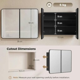 Rackhams 76.2 x 11.6 x 61 cm Bathroom Mirror Cabinet, Wall Cabinet with Adjustable Shelves, Wall-Mounted or Recessed, Black - Black - thumbnail 3