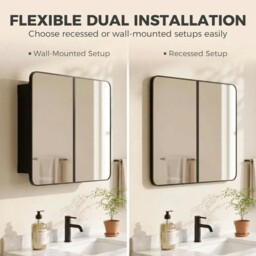 Rackhams 76.2 x 11.6 x 61 cm Bathroom Mirror Cabinet, Wall Cabinet with Adjustable Shelves, Wall-Mounted or Recessed, Black - Black - thumbnail 5