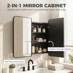 Rackhams 76.2 x 11.6 x 61 cm Bathroom Mirror Cabinet, Wall Cabinet with Adjustable Shelves, Wall-Mounted or Recessed, Black - Black - thumbnail 4