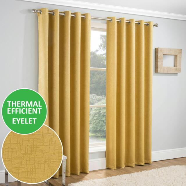 "Rackhams Vogue Plain Textured Thermal Room Darkening Energy Saving Pair of Curtains For Bedroom & Living Room - Ochre - 46"" (117cm) Width x 90"" (229cm) Drop" - image 1