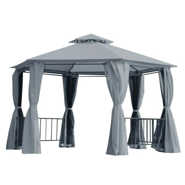 Rackhams 3 x 3(m) Hexagon Gazebo Patio Canopy Party Tent Outdoor Garden Shelter w/ 2 Tier Roof & Side Panel - Grey - image 1