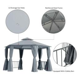 Rackhams 3 x 3(m) Hexagon Gazebo Patio Canopy Party Tent Outdoor Garden Shelter w/ 2 Tier Roof & Side Panel - Grey - thumbnail 5