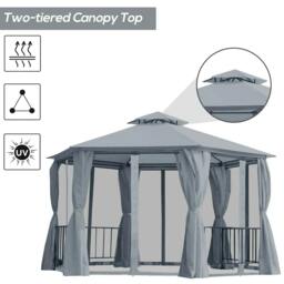 Rackhams 3 x 3(m) Hexagon Gazebo Patio Canopy Party Tent Outdoor Garden Shelter w/ 2 Tier Roof & Side Panel - Grey - thumbnail 4