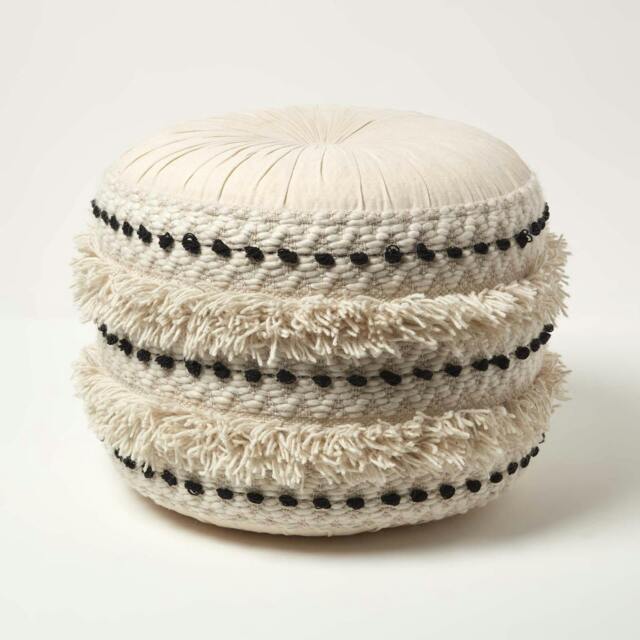 Rackhams Sahara Cream & Black Macrame Tufted Boho Pouffe - 50 cm Tall - image 1
