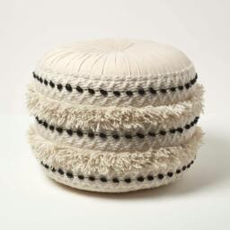 Rackhams Sahara Cream & Black Macrame Tufted Boho Pouffe - 50 cm Tall