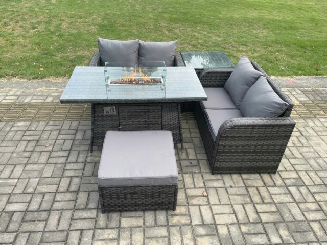 Rackhams Rattan Garden Furniture Set with Gas Fire Pit Table 5 Pieces Outdoor Loveseat Sofa Set Dark Grey Mixed - image 1