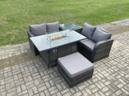 Rackhams Rattan Garden Furniture Set with Gas Fire Pit Table 5 Pieces Outdoor Loveseat Sofa Set Dark Grey Mixed - thumbnail 2