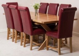 Rackhams Vermont Cross Leg Oak Extending Dining Table with Washington Leather Chairs - 8 chairs - Burgundy - thumbnail 1