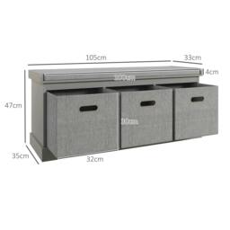 Rackhams Three-Drawer Shoe Storage Bench, with Padded Top Seat - Grey - thumbnail 3