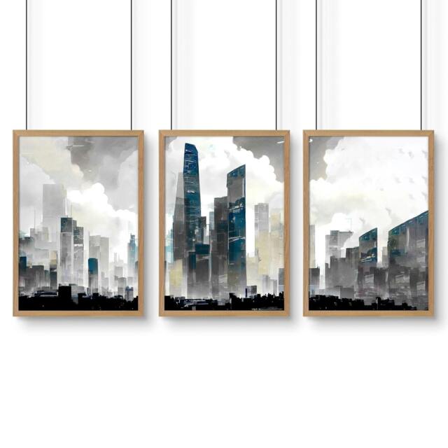 Rackhams Modern Wall Art For Living Room Uk - Set of 3 Urban Skyscrapers Wall art Prints - A2 16.54 x 23.39 in / 42 x 59.4 cm - Satin Photo paper 280 gsm - Oak Frame - image 1
