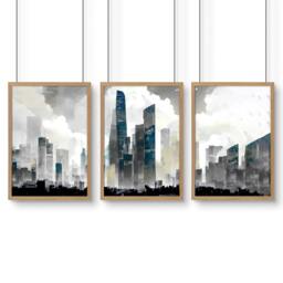 Rackhams Modern Wall Art For Living Room Uk - Set of 3 Urban Skyscrapers Wall art Prints - A2 16.54 x 23.39 in / 42 x 59.4 cm - Satin Photo paper 280 gsm - Oak Frame