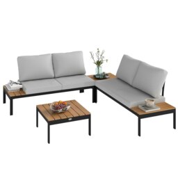 Rackhams 4 Seater Garden Corner Sofa Set with Removable Thick Cushions Teak - Teak - Metal, Polyester - 141W x 64D x 62H cm - thumbnail 2