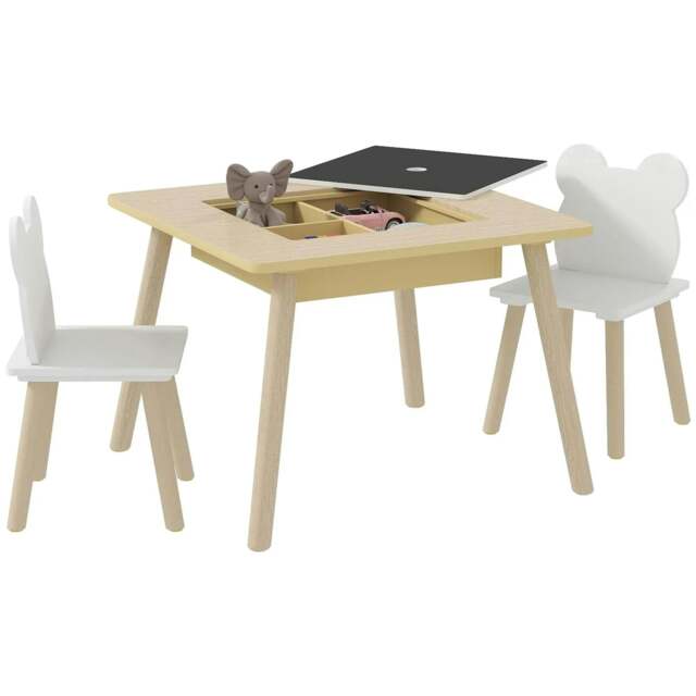 Rackhams 3-Piece Kids Table and Chairs Set with Convertible Desk and Storage Grid, Kids Activity Table for Nursery, Playroom