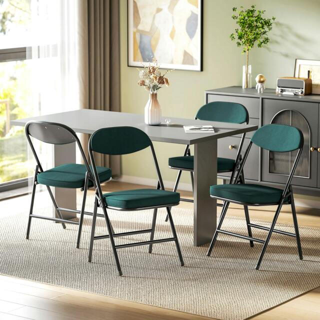 Rackhams Folding Chairs Set of 4 with Cushioned Seat, Steel Frame, Teal - 4 - Corduroy, Steel, Sponge - Folding chair - image 1