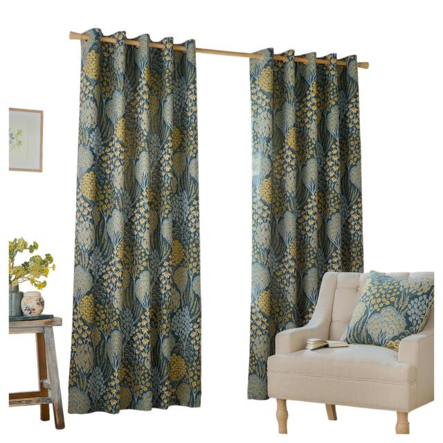 Rackhams Ophelia Lined Floral Pencil Pleat Curtains - Blue/Saffron - 137cm x 168cm - Blue/Saffron - 100% Polyester - image 1