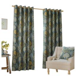 Rackhams Ophelia Lined Floral Pencil Pleat Curtains - Blue/Saffron - 137cm x 168cm - Blue/Saffron - 100% Polyester