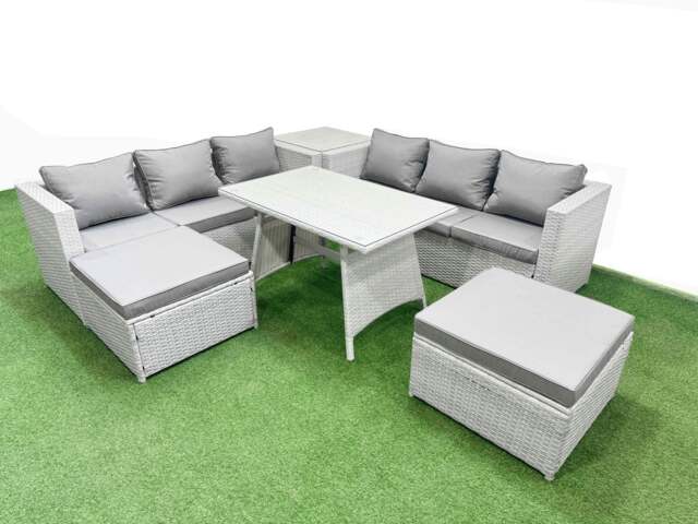 Rackhams Rattan Garden Furniture Dining Set 8 seater Patio Rectangular Table 3 Seater Sofa Set with Side Table 2 Big Stools Light Grey - image 1