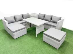 Rackhams Rattan Garden Furniture Dining Set 8 seater Patio Rectangular Table 3 Seater Sofa Set with Side Table 2 Big Stools Light Grey - thumbnail 1