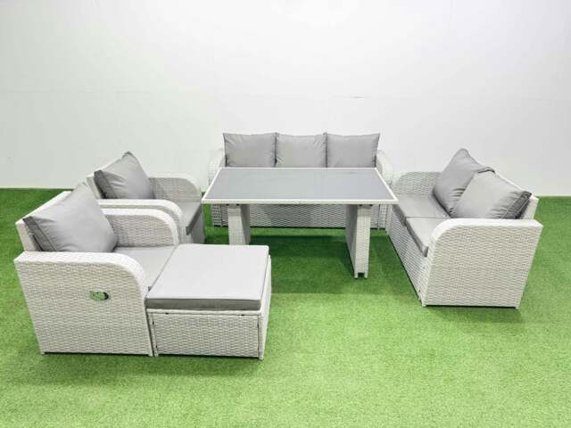 Rackhams 8 Seater Garden Furniture Set PE Ratten Garden Sofa Set with Rectangular Dining Table Big Stool Light Grey - image 1