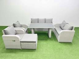 Rackhams 8 Seater Garden Furniture Set PE Ratten Garden Sofa Set with Rectangular Dining Table Big Stool Light Grey - thumbnail 1