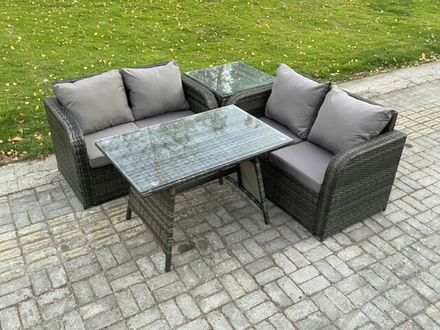 Rackhams Outdoor Garden Furniture Sets 4 Pieces Wicker Rattan Furniture Sofa Sets with Rectangular Dining Table Love Sofa Side Table - image 1