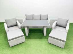 Rackhams Outdoor Rattan Garden Furniture Dining Set 7 seater Patio Rectangular Table 3 Seater Sofa Reclining Chair Set with 2 Side Tables 2 Big Stools - thumbnail 1