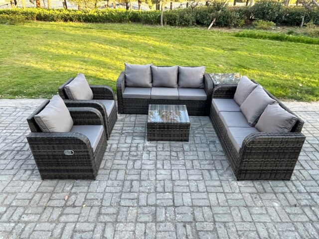 Rackhams High Back Rattan Garden Furniture Set with Square Coffee Table Side Table Indoor Outdoor Patio Lounge Sofa Set Dark Grey Mixed - image 1