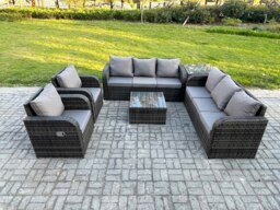 Rackhams High Back Rattan Garden Furniture Set with Square Coffee Table Side Table Indoor Outdoor Patio Lounge Sofa Set Dark Grey Mixed - thumbnail 1