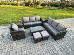 Rackhams 9 Seater Rattan Lounge Sofa Set Outdoor Garden Furniture Set with Rectangular Coffee Table 3 Seater Sofa 2 Small Footstools Dark Grey Mixed - thumbnail 2