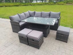Rackhams High Back Corner Rattan Garden Furniture Sofa Rising Dining Table Height Adjustable 9 Seater 3 Small Footstools - thumbnail 3