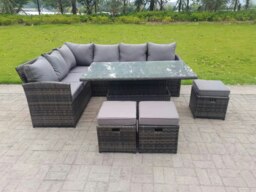 Rackhams High Back Corner Rattan Garden Furniture Sofa Rising Dining Table Height Adjustable 9 Seater 3 Small Footstools - thumbnail 2
