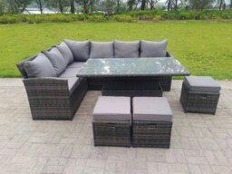 Rackhams High Back Corner Rattan Garden Furniture Sofa Rising Dining Table Height Adjustable 9 Seater 3 Small Footstools - thumbnail 1