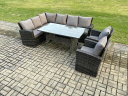 Rackhams 8 Seater Garden Rattan Furniture Corner Dining Set with Armchair Indoor Outdoor Lounge Sofa Set Dark Grey Mixed - thumbnail 1