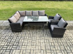 Rackhams 8 Seater Garden Rattan Furniture Corner Dining Set with Armchair Indoor Outdoor Lounge Sofa Set Dark Grey Mixed - thumbnail 2