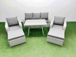 Rackhams Reclining Chair 3 Seat Sofa Set Garden Furniture Set with Rectangular Dining Table 2 Big Footstools Light Grey - thumbnail 1
