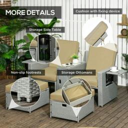 Rackhams 5PC PE Rattan Sun Lounger, Outdoor Wicker 5-level Adjustable Recliner Sofa Bed with Storage Side Table and Footstools, Beige - Beige - thumbnail 6