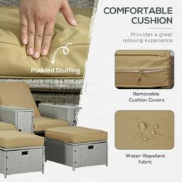 Rackhams 5PC PE Rattan Sun Lounger, Outdoor Wicker 5-level Adjustable Recliner Sofa Bed with Storage Side Table and Footstools, Beige - Beige - thumbnail 5