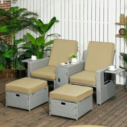 Rackhams 5PC PE Rattan Sun Lounger, Outdoor Wicker 5-level Adjustable Recliner Sofa Bed with Storage Side Table and Footstools, Beige - Beige - thumbnail 2