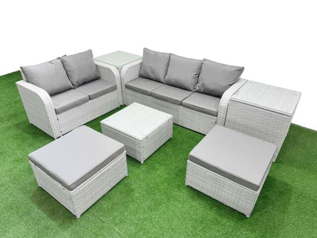Rackhams 7 Seater PE Rattan Garden Furniture Patio Conservatory Sofa Set with Square Coffee Table 3 Seater Sofa Love Sofa 2 Big Footstool 2 Side Table - image 1