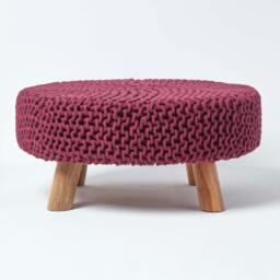 Rackhams Large Round Cotton Knitted Footstool on Legs - Plum