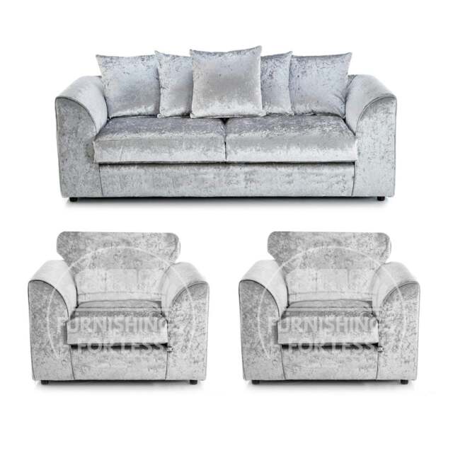 Rackhams Crystal Crushed Velvet 3 Seater and 2 Armchairs Scatter Back - Silver - image 1