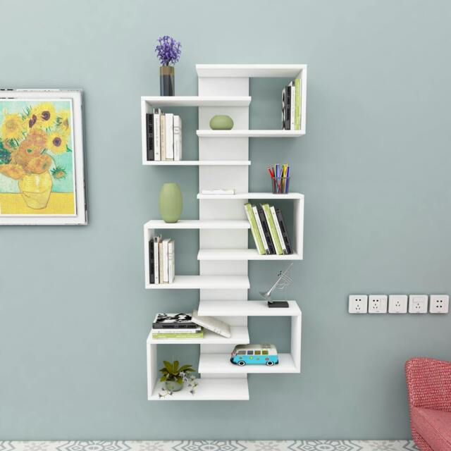Rackhams Floating Bookcase with Geometric Shelves Rozalin 161 cm Tall Wall Mounted Bookcase - White - image 1